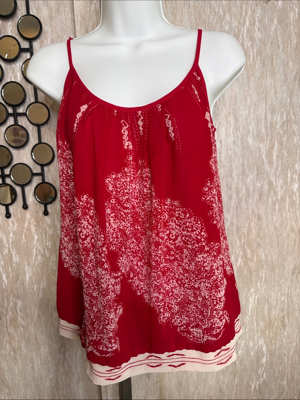 CAbi Red and White Printed Spaghetti-Strap Cami